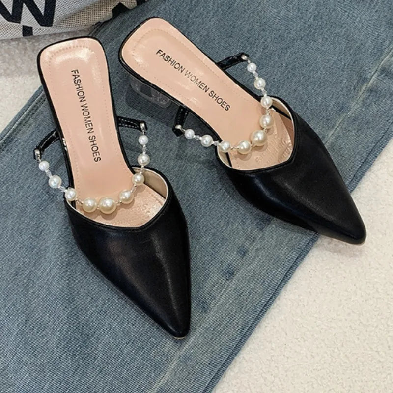 Black Pearl Strap Pointed Toe Womens Mules