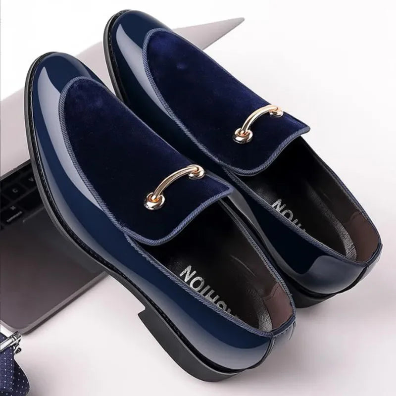 Mens Navy Velvet Loafers with Gold Accent