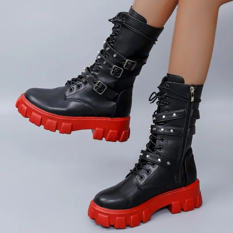 Black Combat Boots With Chunky Red Soles on Luulla display picture 2