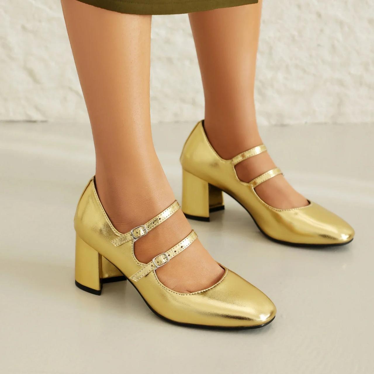 Gold Mary Jane Block Heel Buckle Strap Shoes