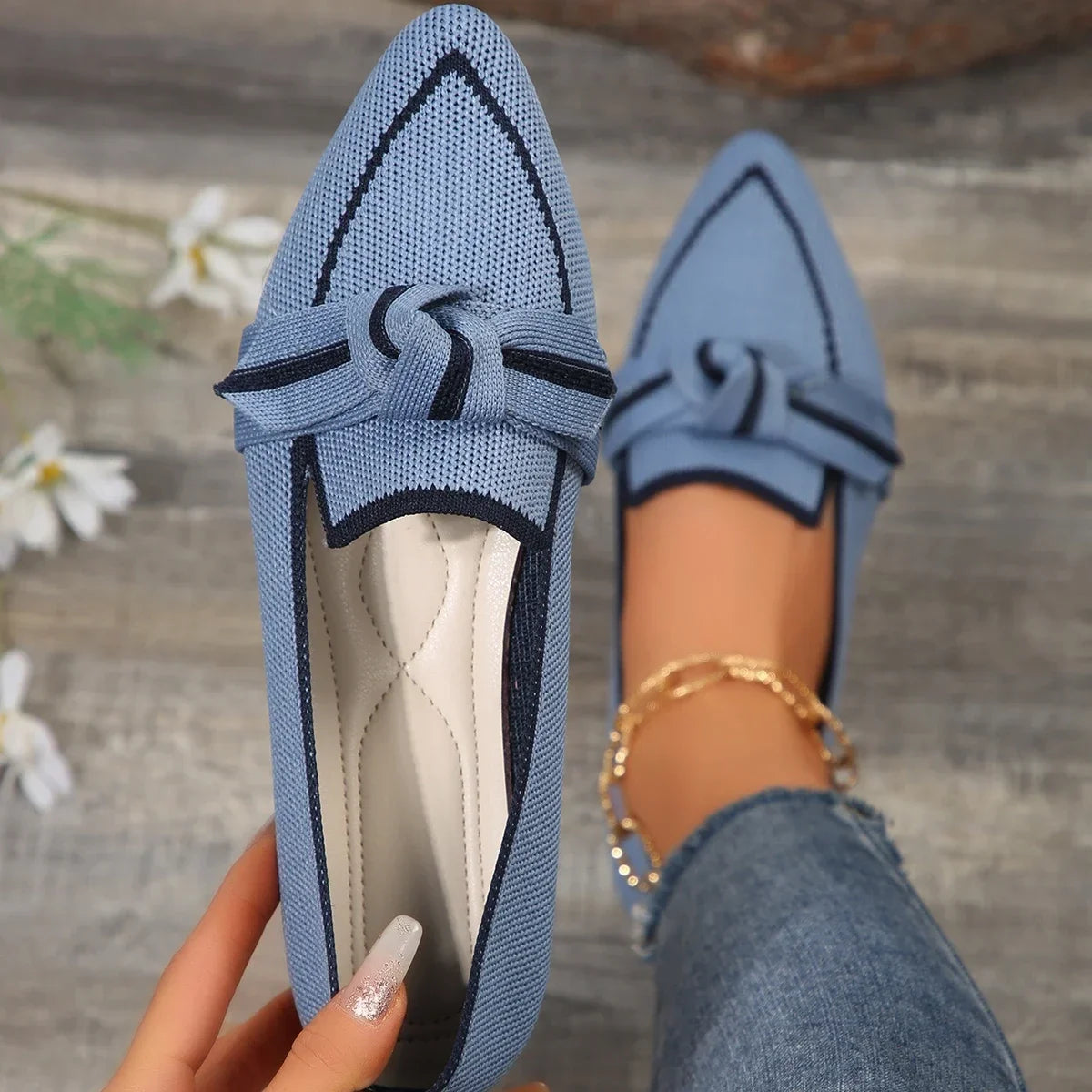 Womens Blue Knitted Loafers With Bow Accent on Luulla display picture 1