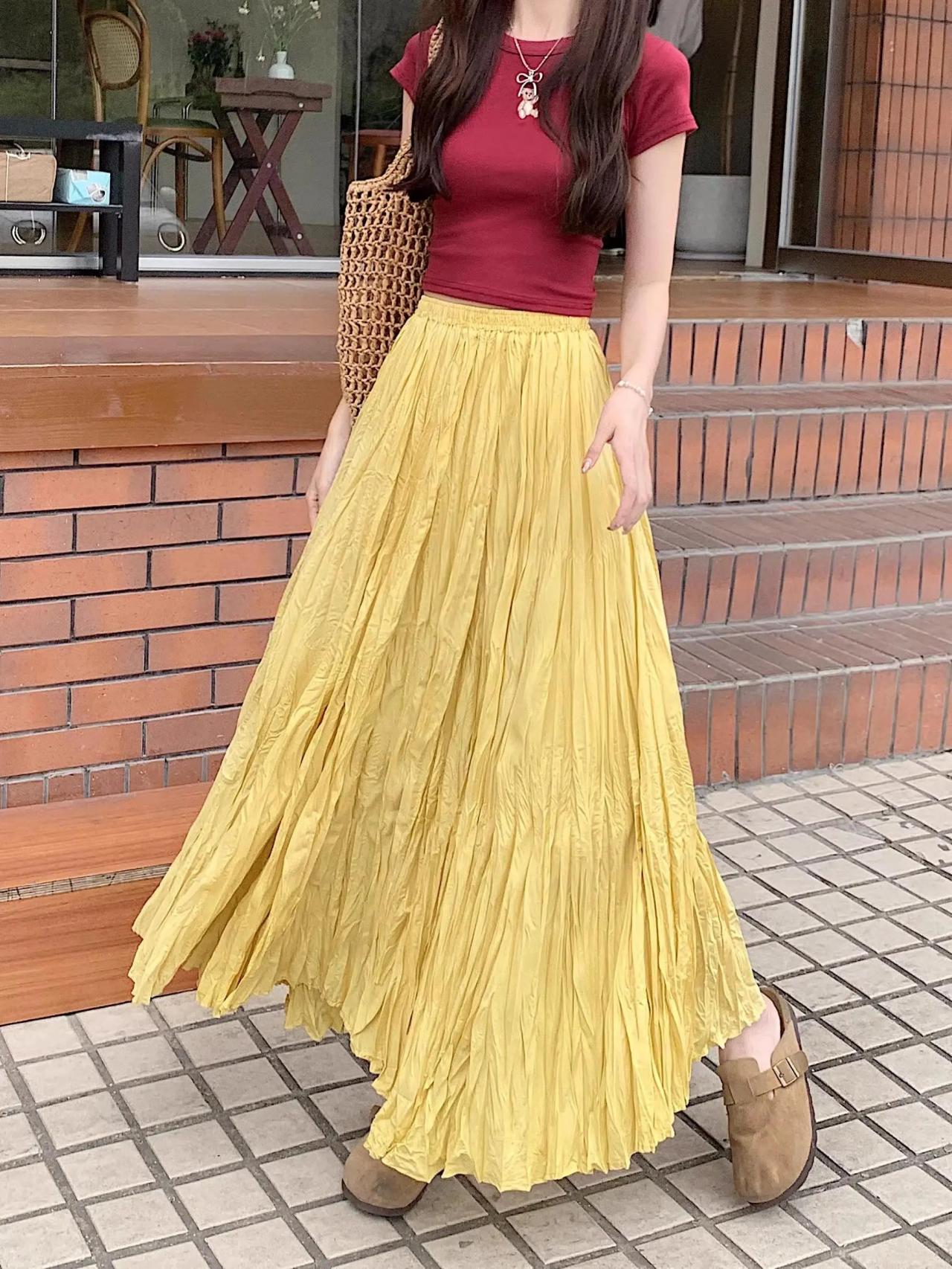 Yellow Bohemian Pleated Maxi Skirt With Stretch Waistband on Luulla