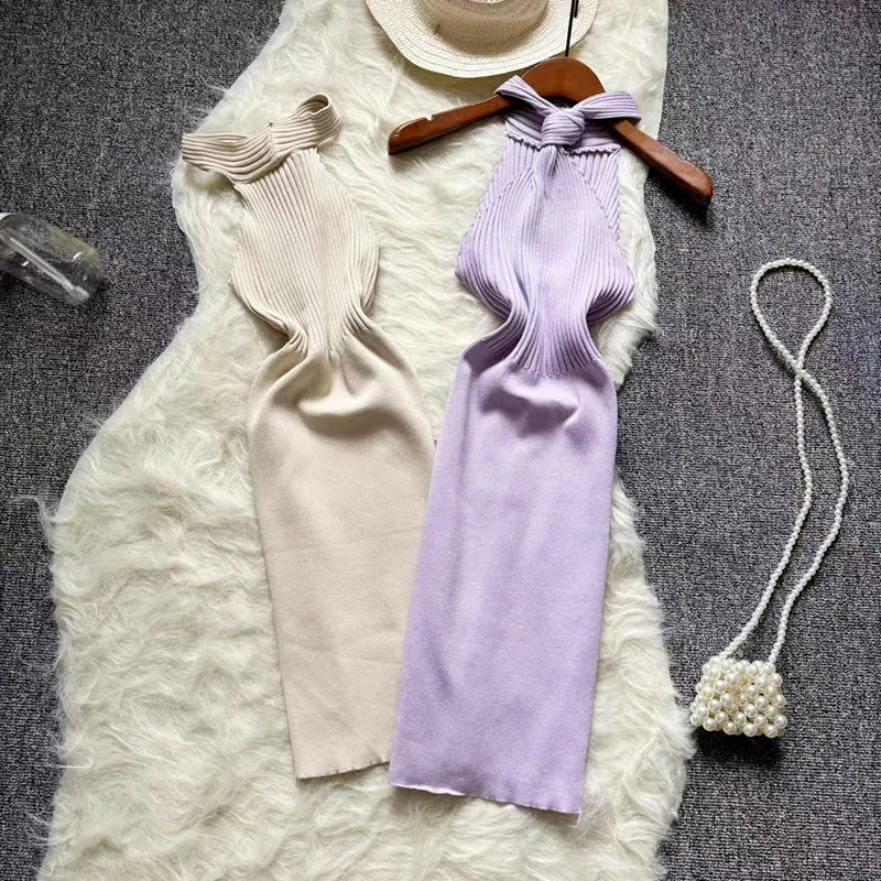 Sleeveless Knit Halter Midi Dress Lavender