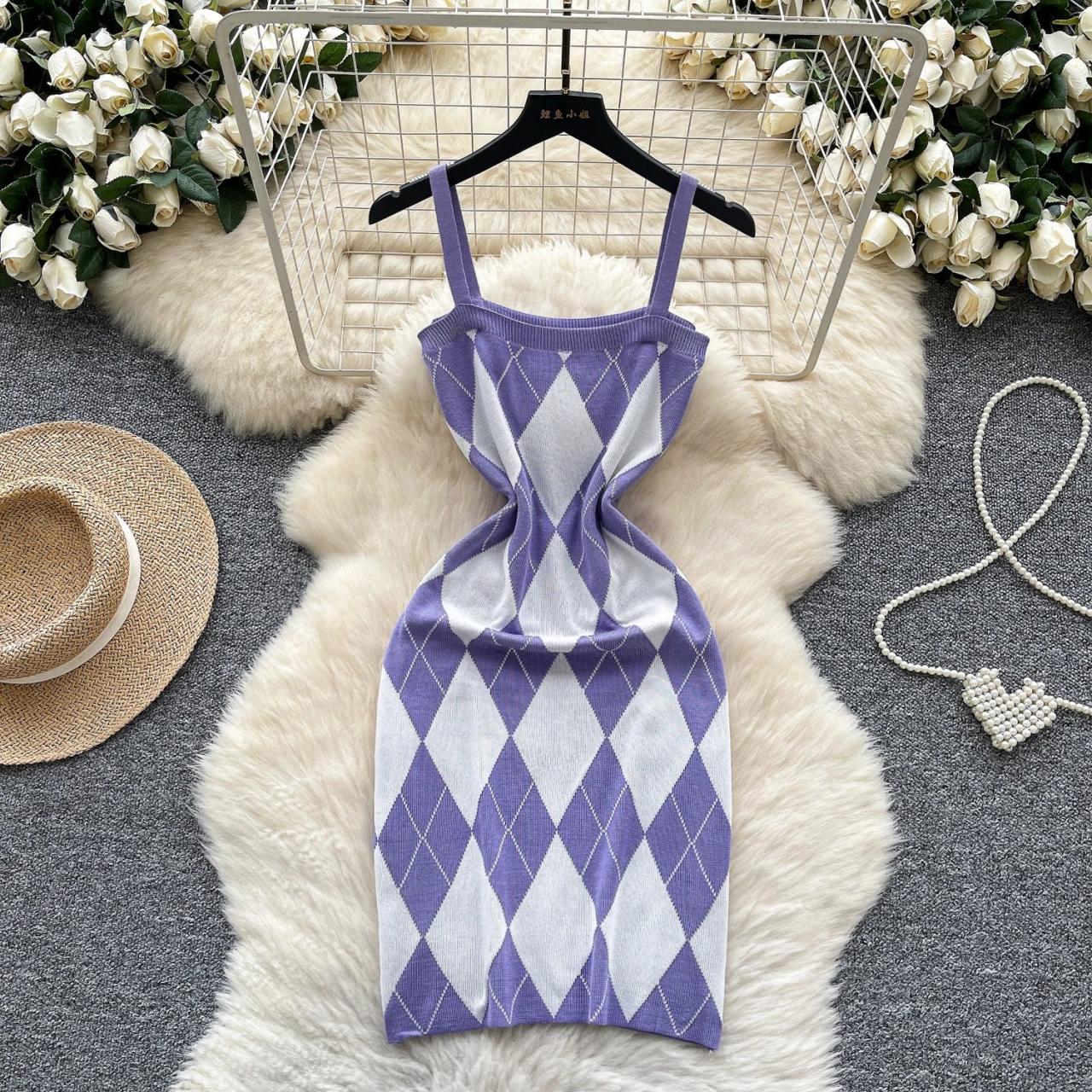 Sleeveless Purple Argyle Knit Bodycon Midi Dress