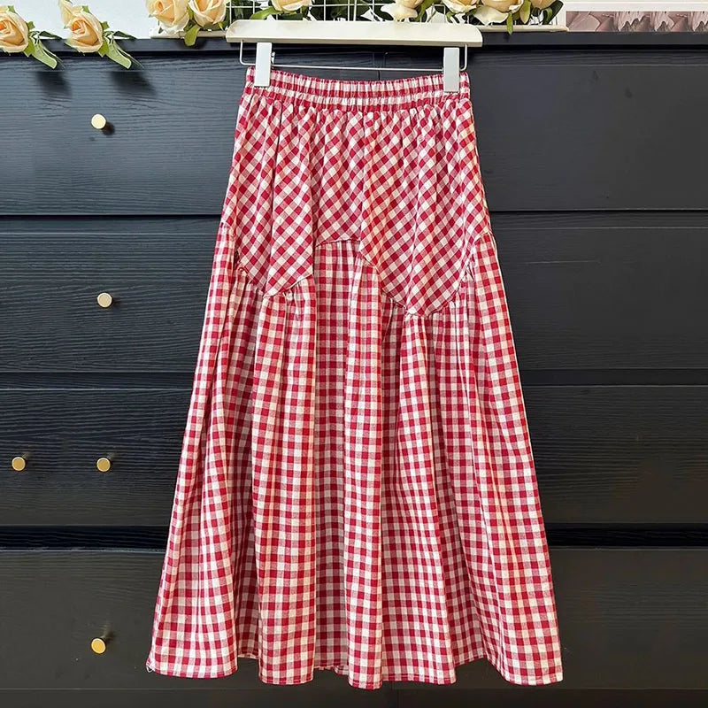 Red Gingham Checkered Long Maxi Skirt Womens on Luulla