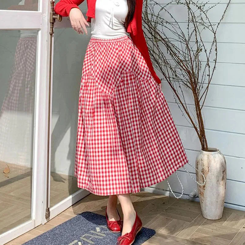 Red Gingham Checkered Long Maxi Skirt Womens on Luulla