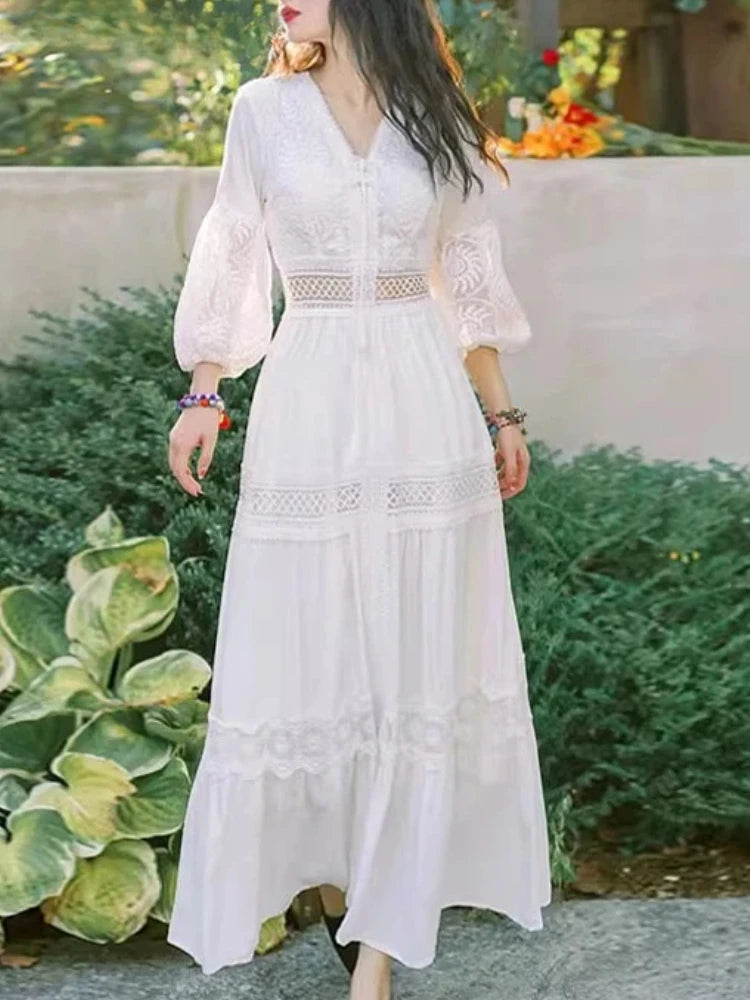 knee length dresses for ladies Zapaka Women White Boho Long Sleeves Engagement Party Dress with Lace V-Neck Maxi Dress, White / M main image 1