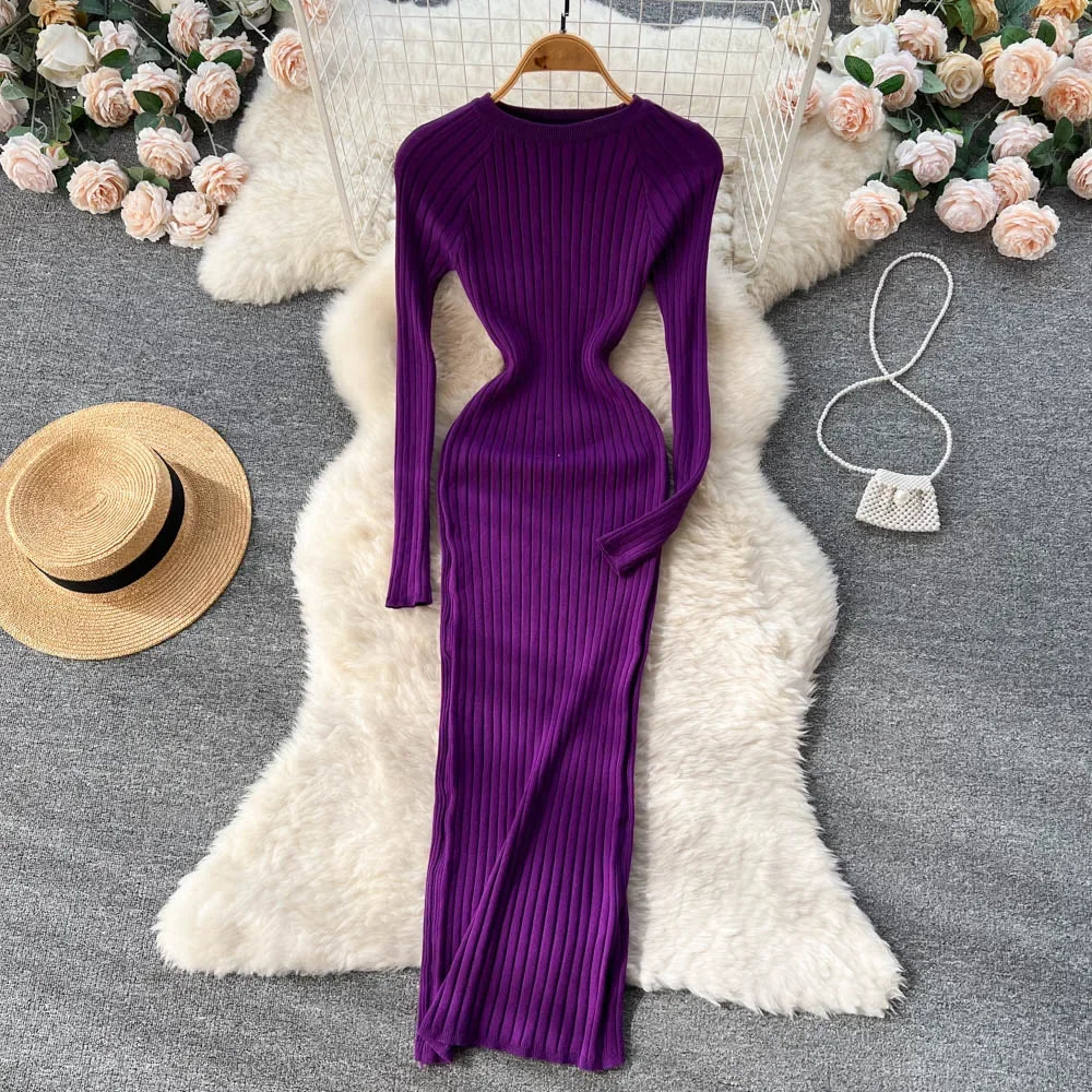 Ribbed Knit Long Sleeve Purple Maxi Dress