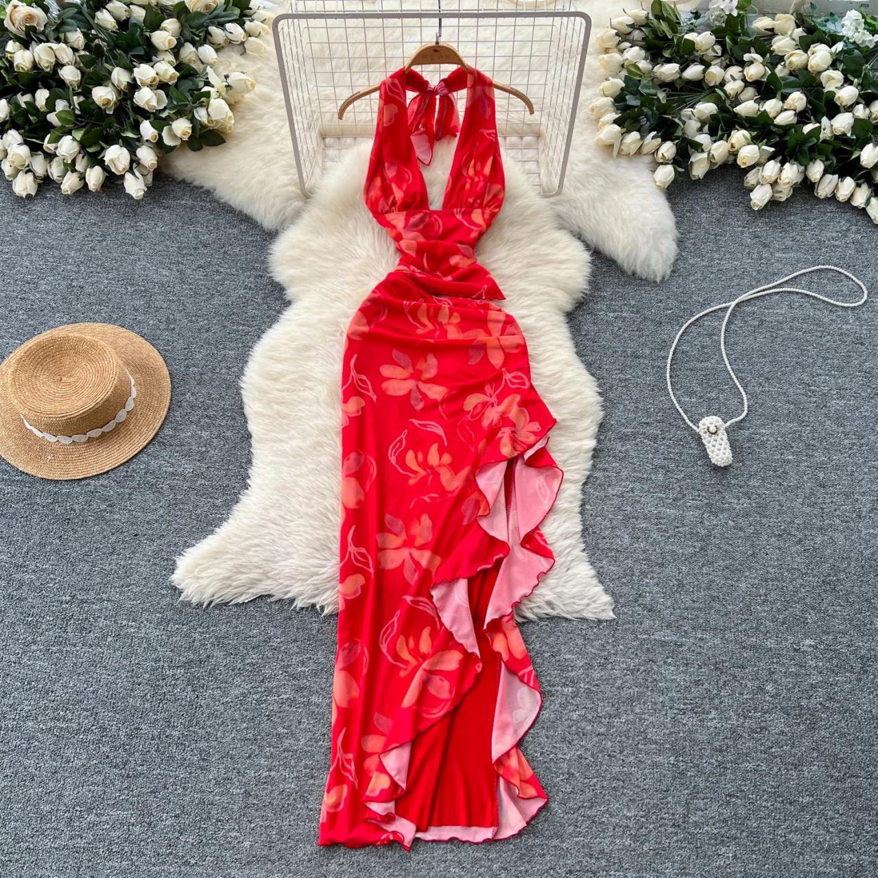 Red Floral Halter Neck Ruffled Maxi Dress