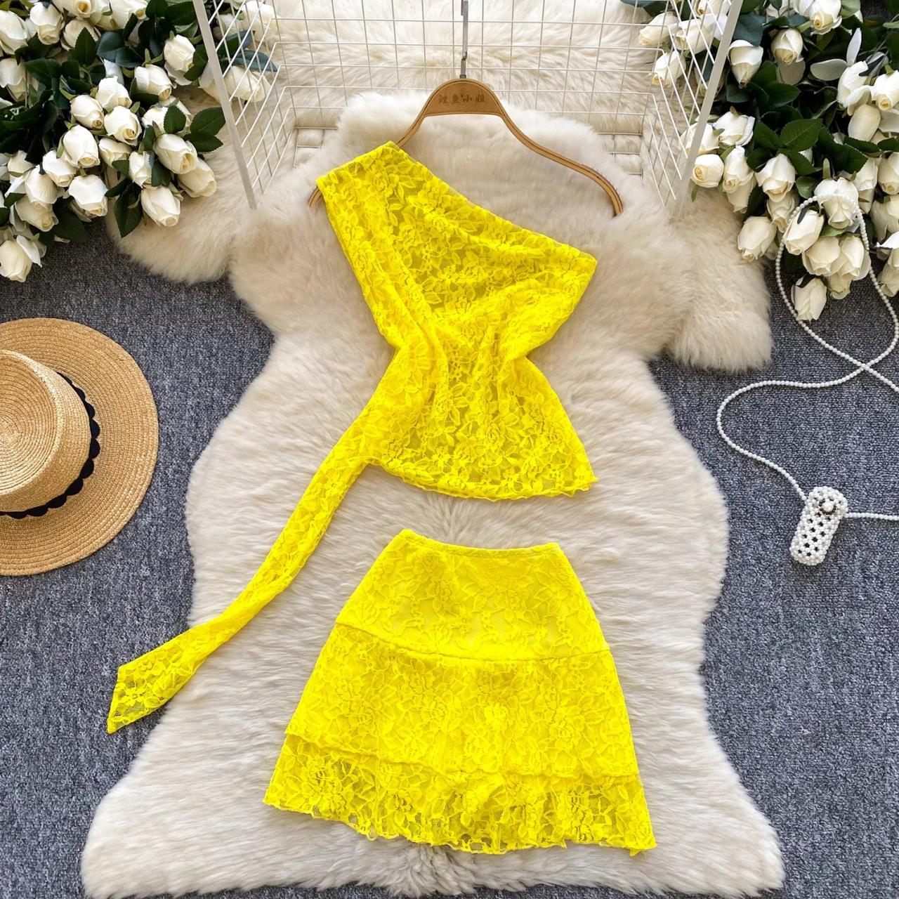 Vibrant Yellow Lace One-shoulder Crop Top Skirt