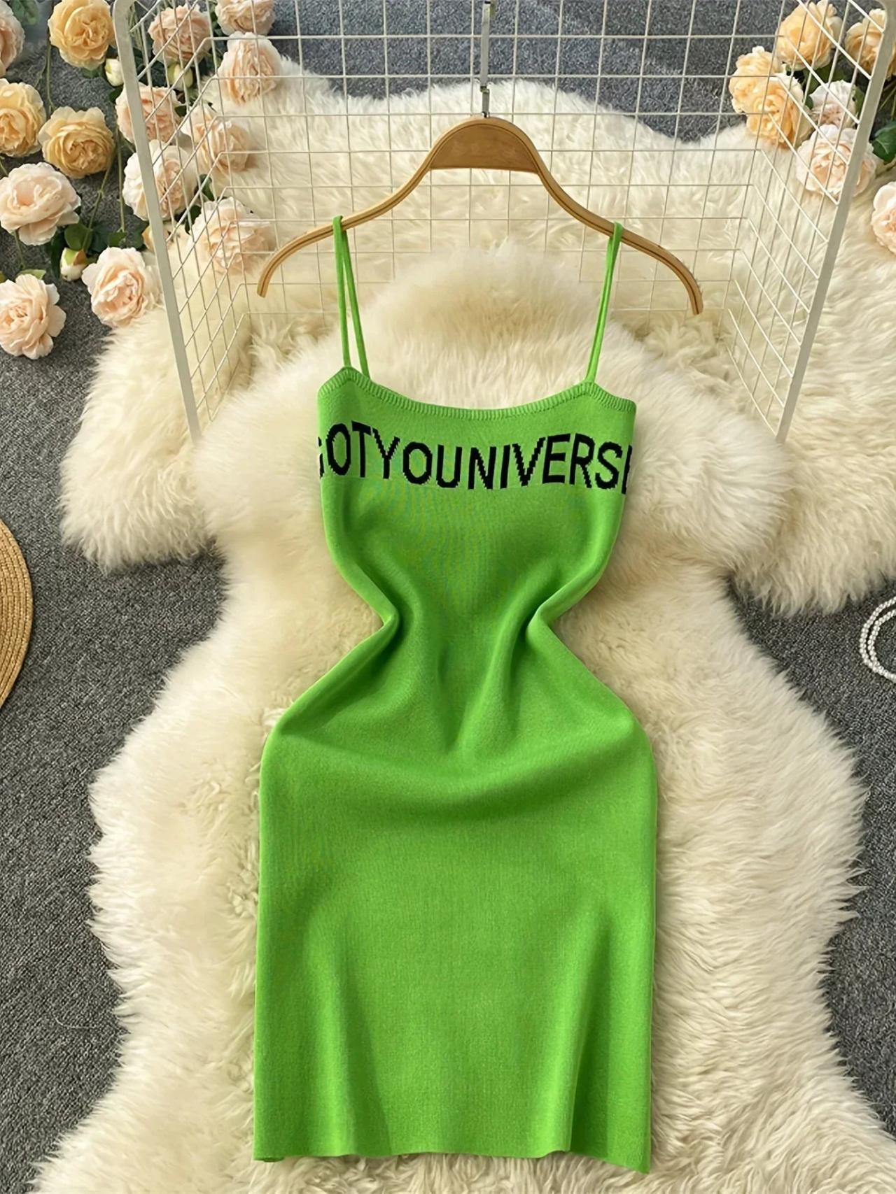 Vibrant Green Bodycon Knit Dress With Text