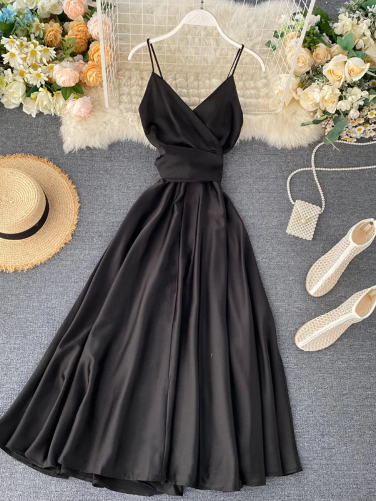 Black Satin Sleeveless V-neck Flowy Maxi Dress