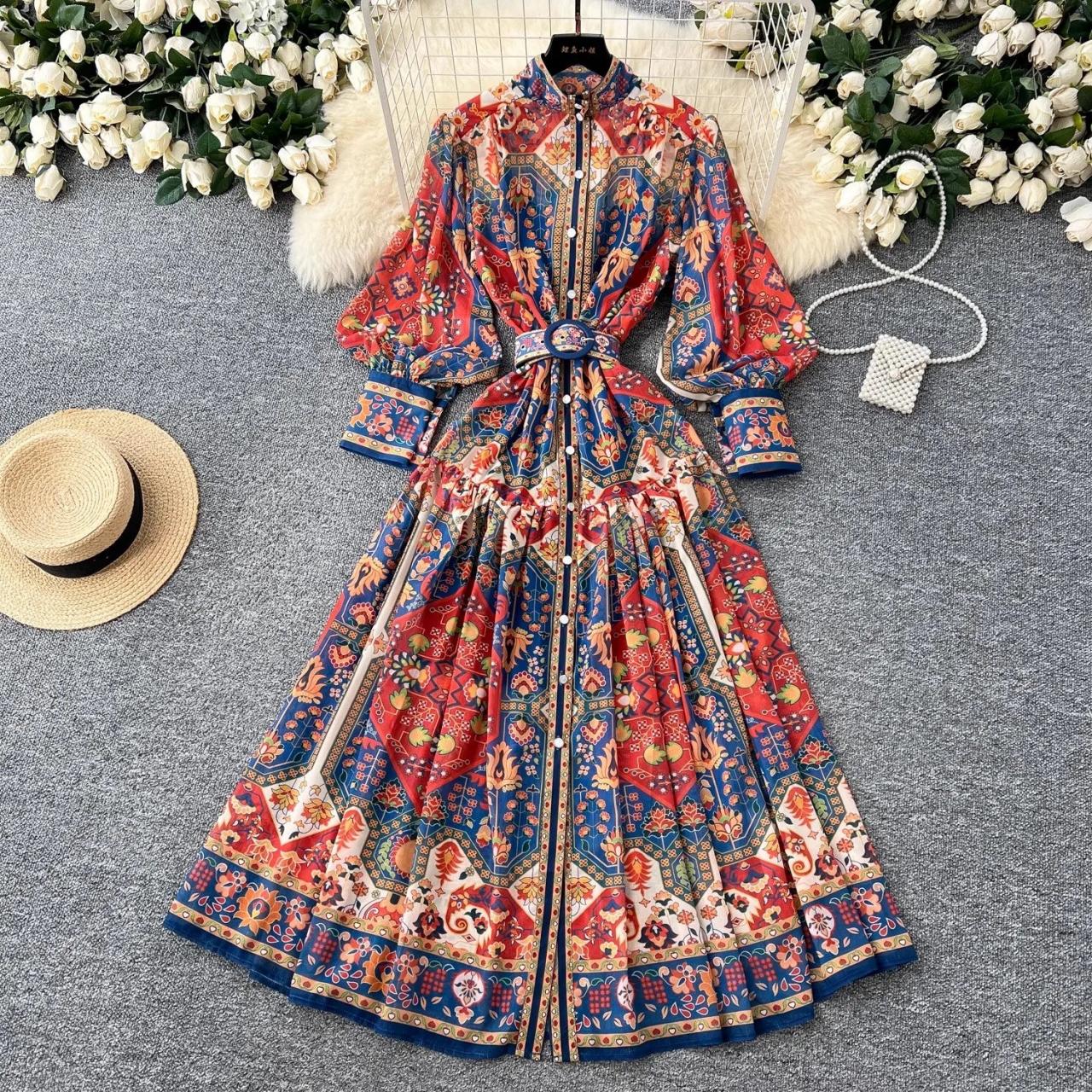Floral Bohemian Long-sleeve Button-down Maxi Dress