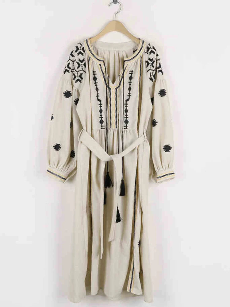 Bohemian White Embroidered Peasant Dress With Tassels on Luulla