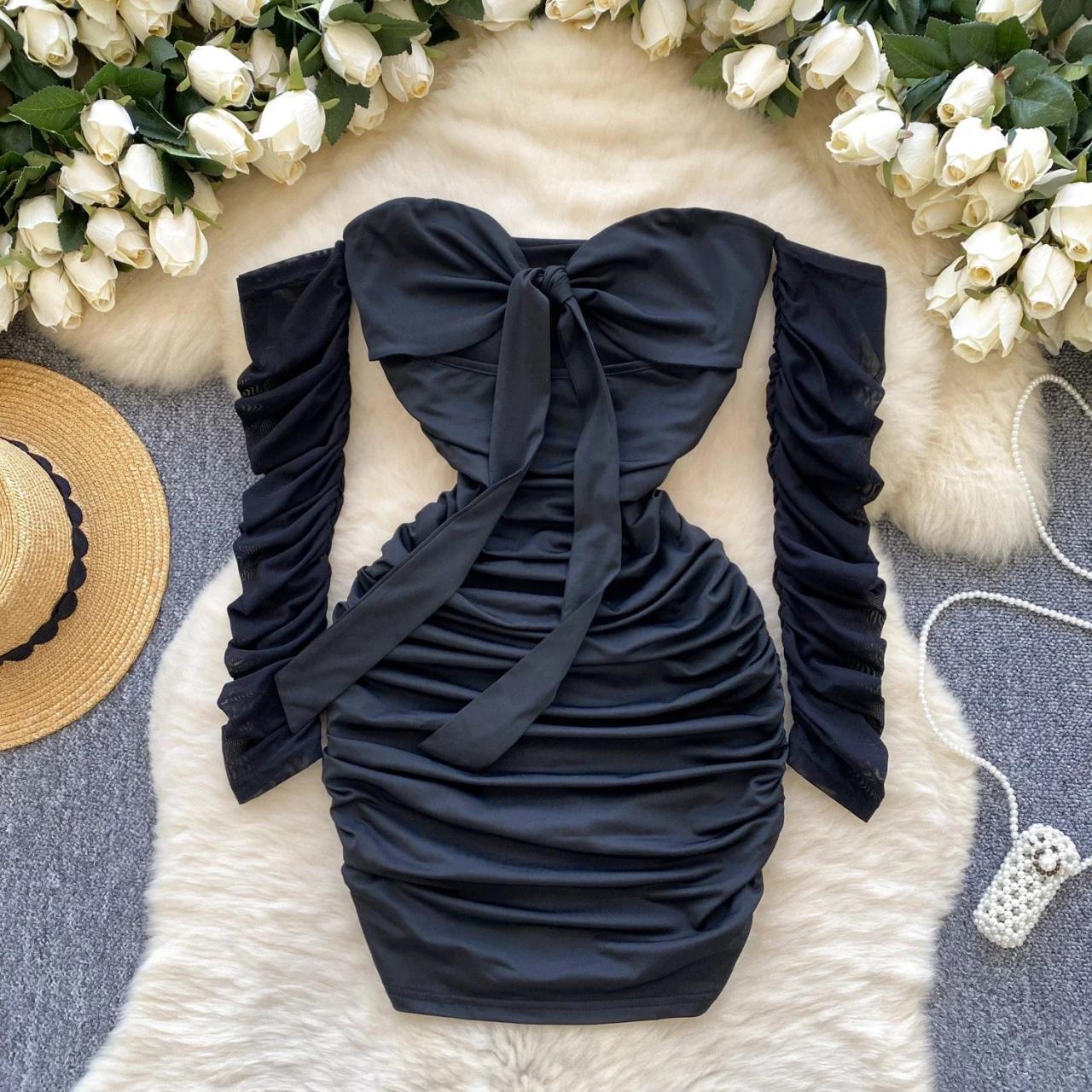 black off shoulder ruched dress Black Off Shoulder Ruched Sequin Mini Dress L / Black