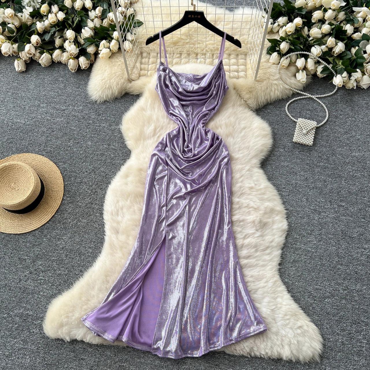 purple velvet spaghetti strap dress Spaghetti Straps Lace Up Velvet Bridesmaid Dress With Slit, Grape