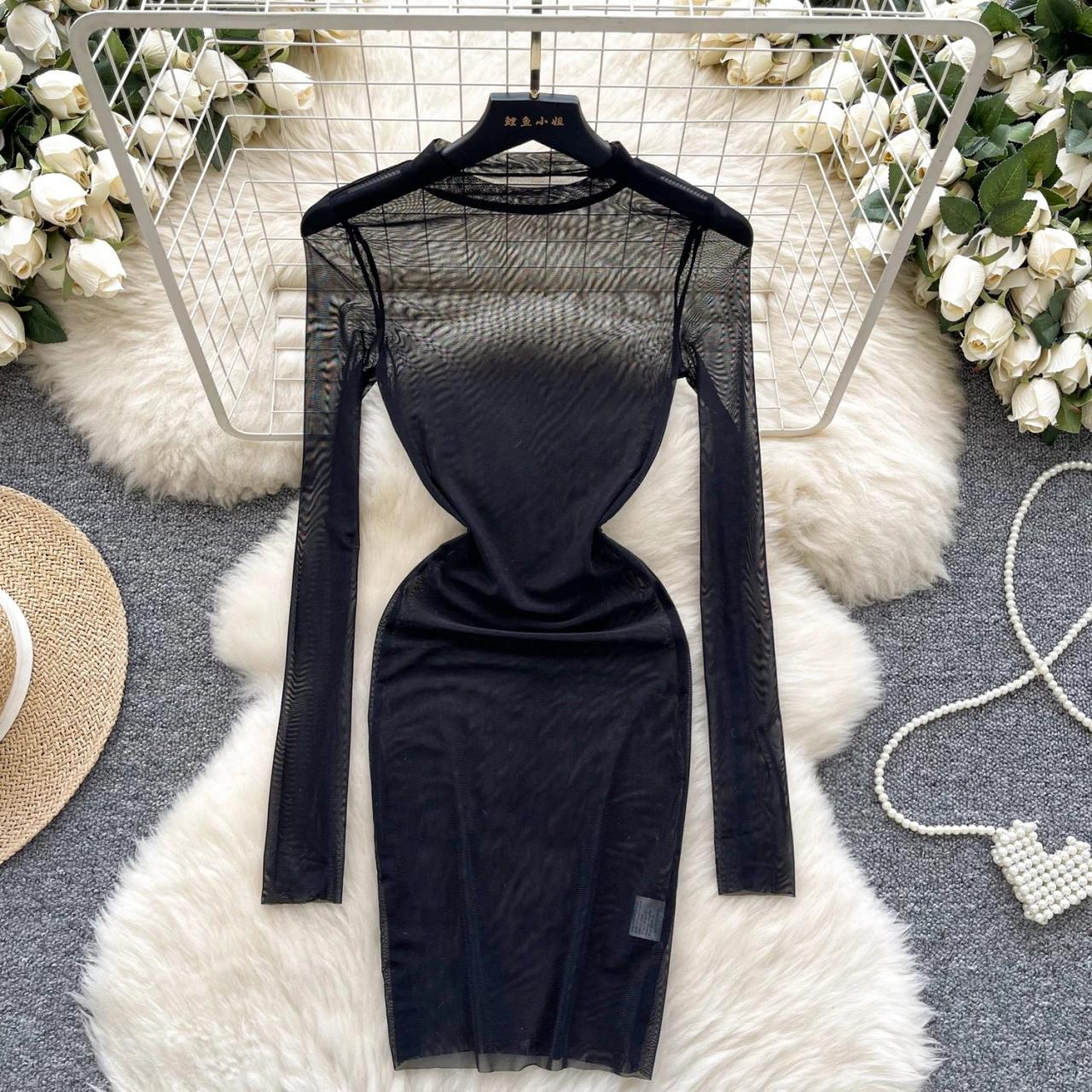 Sheer Mesh Long-sleeve Black Bodycon Dress