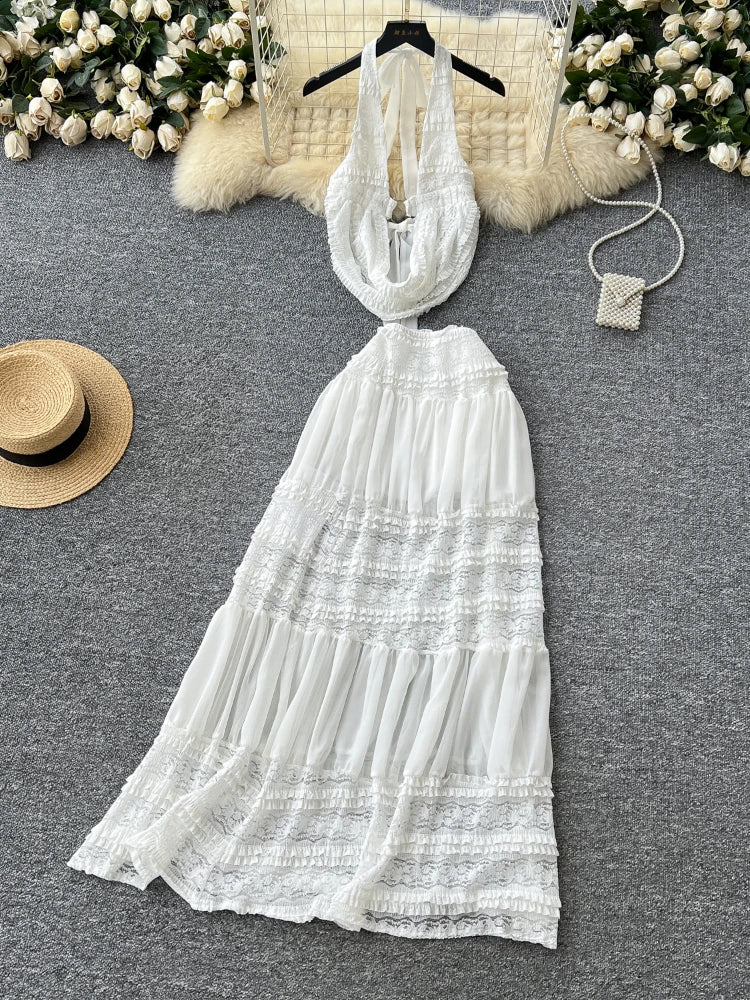 White Lace Halter Maxi Dress With Embellishments