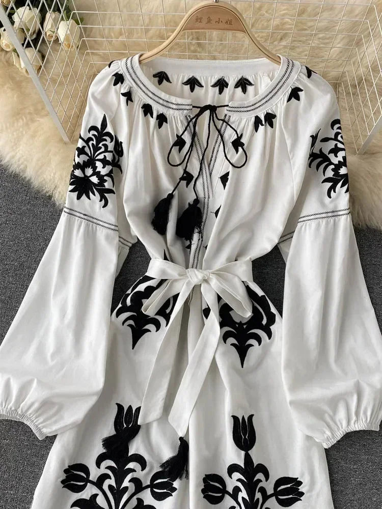 Embroidered White Maxi Dress With Black Floral Motifs on Luulla