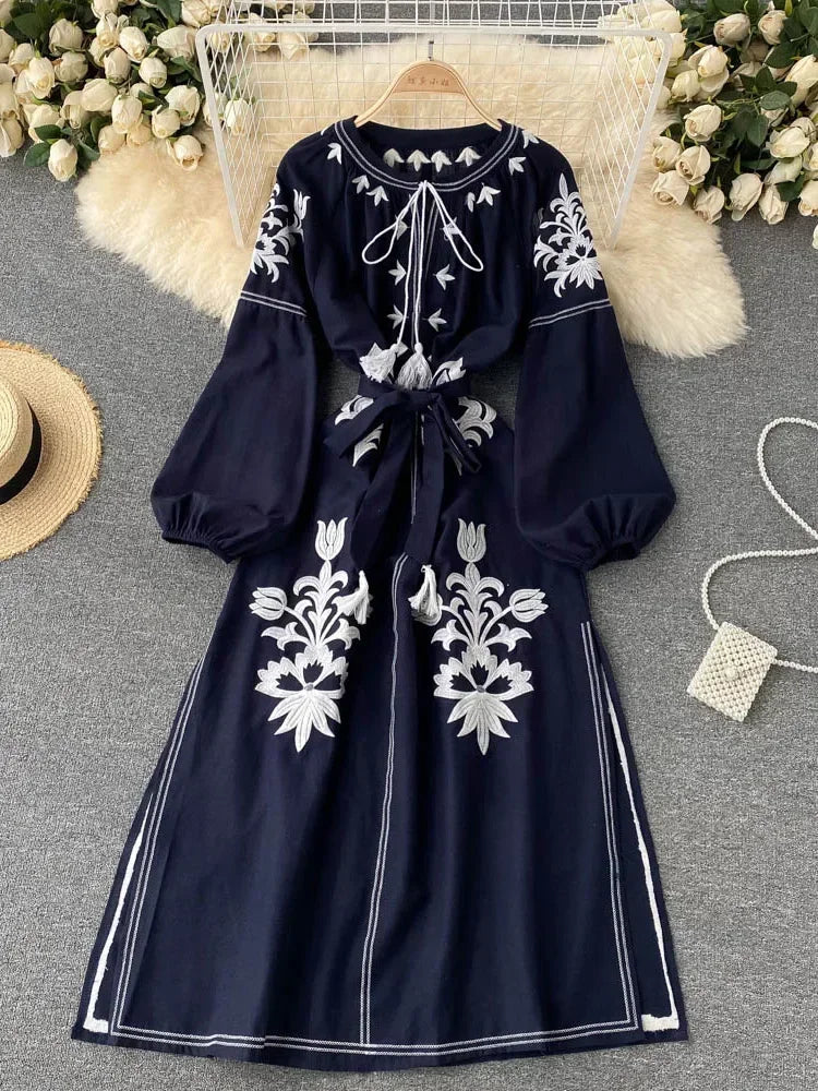 Embroidered White Maxi Dress With Black Floral Motifs on Luulla