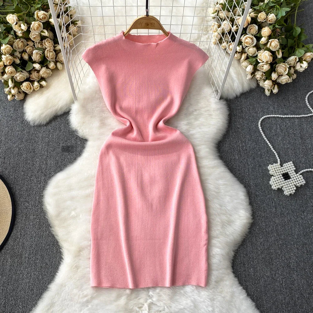 Soft Pink Cap Sleeve Knitted Midi Dress