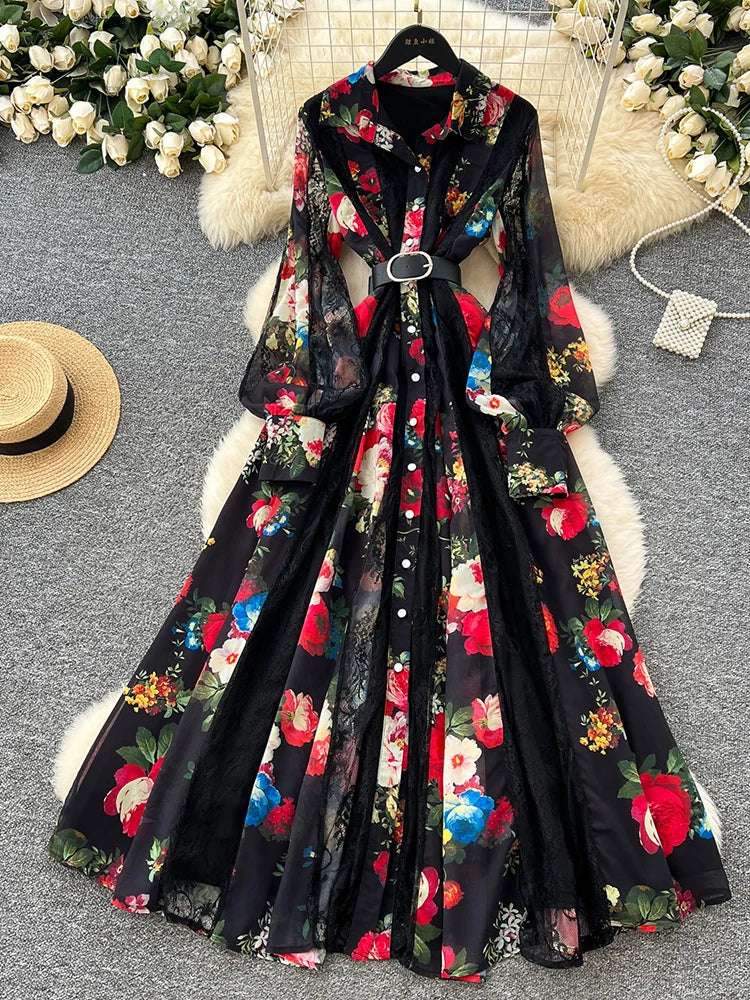 Floral Belted Maxi Dress With Lace Panels