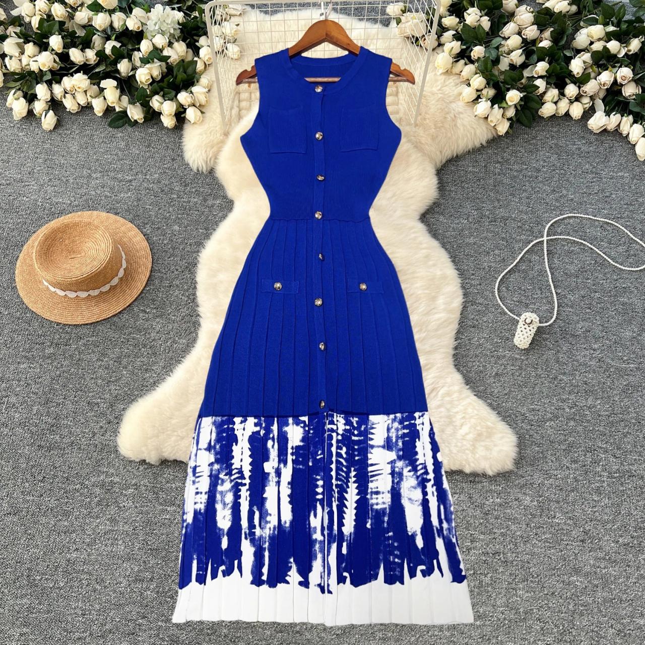 Sleeveless Button Front Blue Tie-Dye Maxi Dress