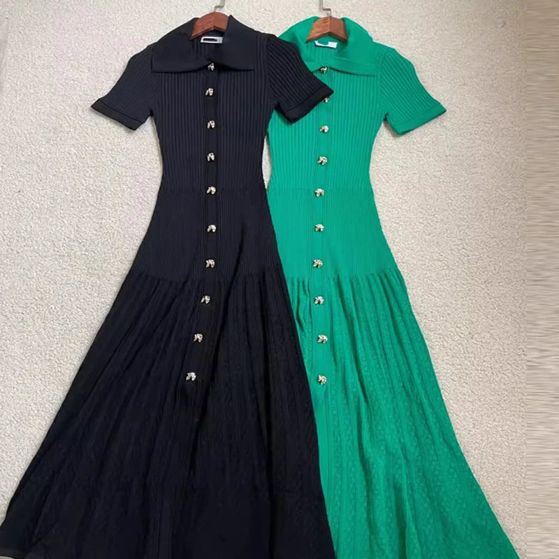 Green Ribbed Button-down Midi Dress With Collar on Luulla