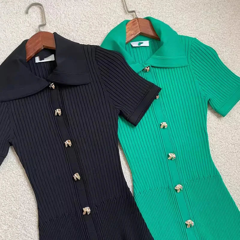 Green Ribbed Button-down Midi Dress With Collar on Luulla