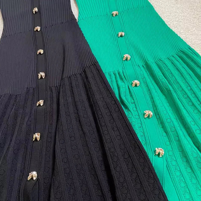 Green Ribbed Button-down Midi Dress With Collar on Luulla