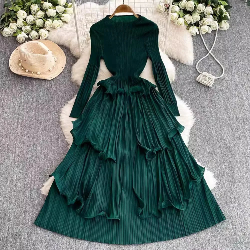 Green Pleated Long Sleeve Ruffle Skirt Dress on Luulla
