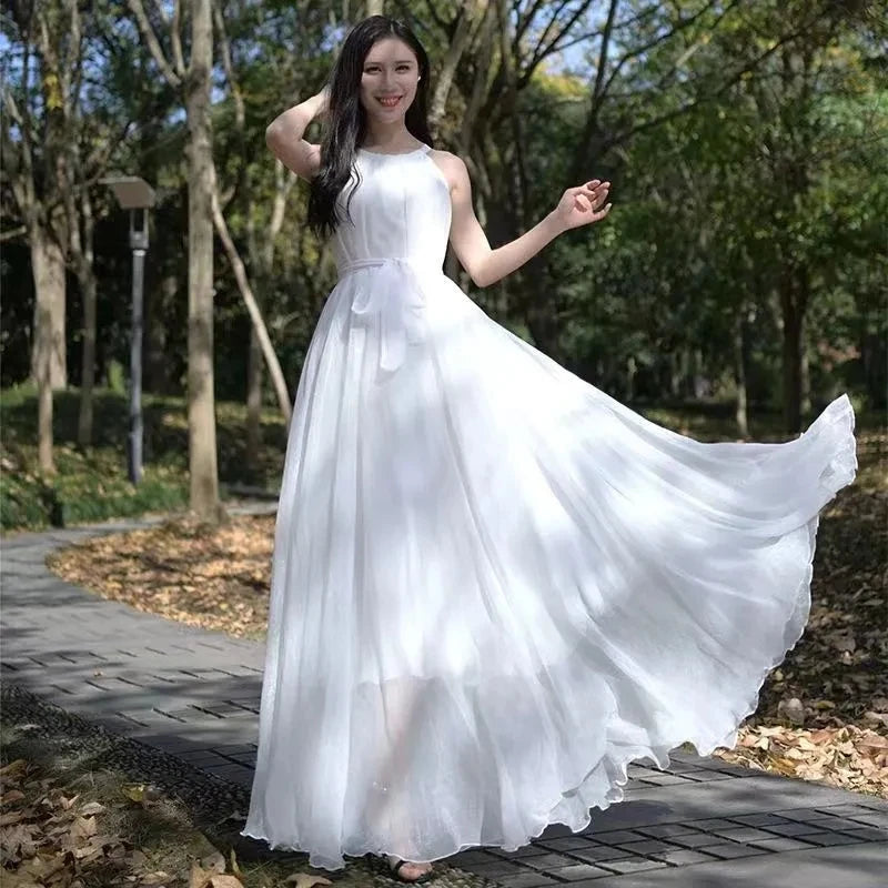 Flowy White Maxi Dress With Waist on Luulla