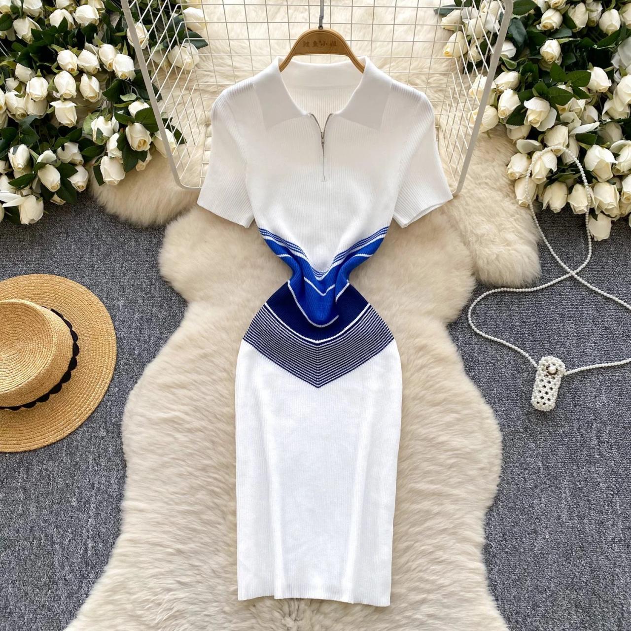 Half-zip Knit Dress With Blue Gradient Design