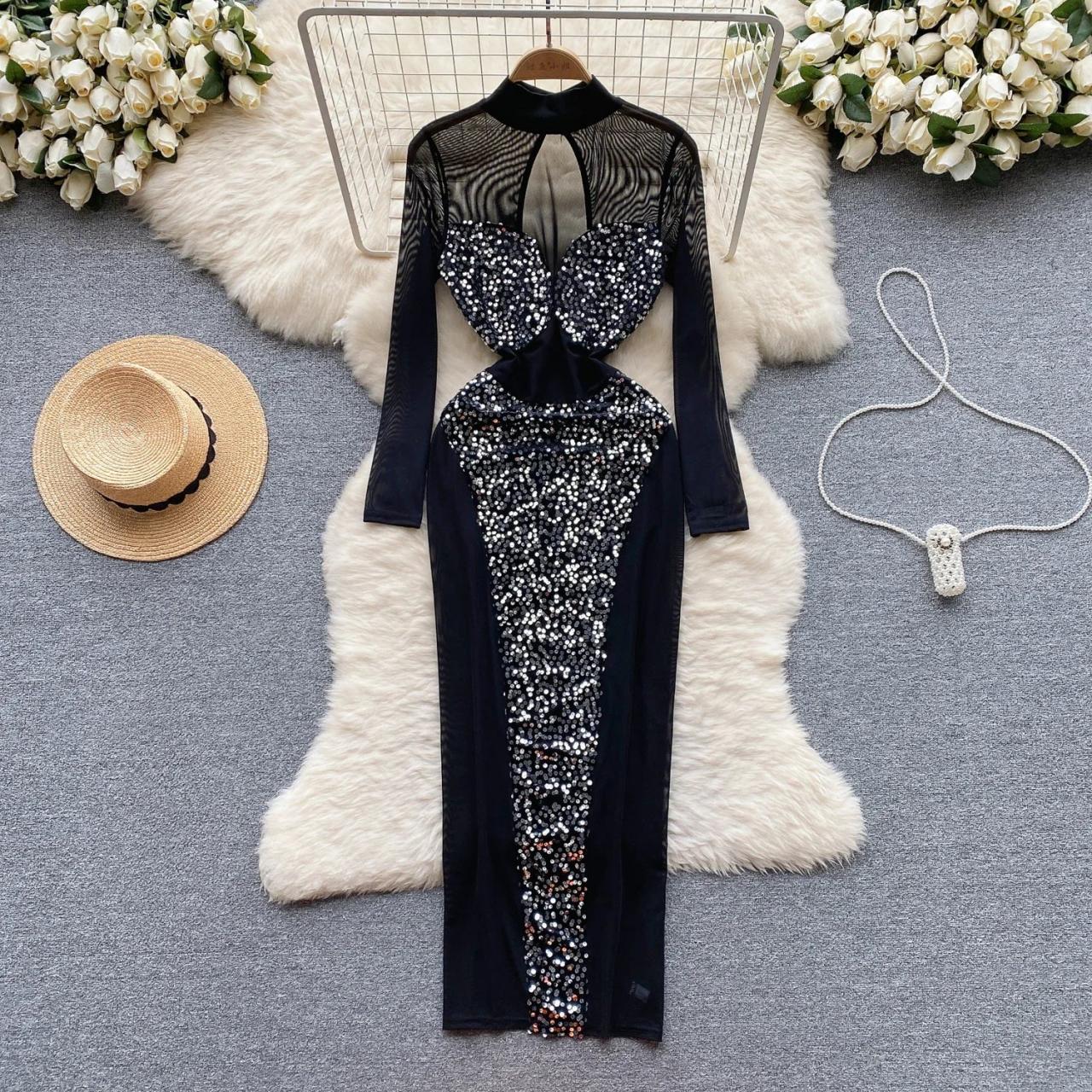 Sparkling Black Mesh Long Sleeve Evening Dress