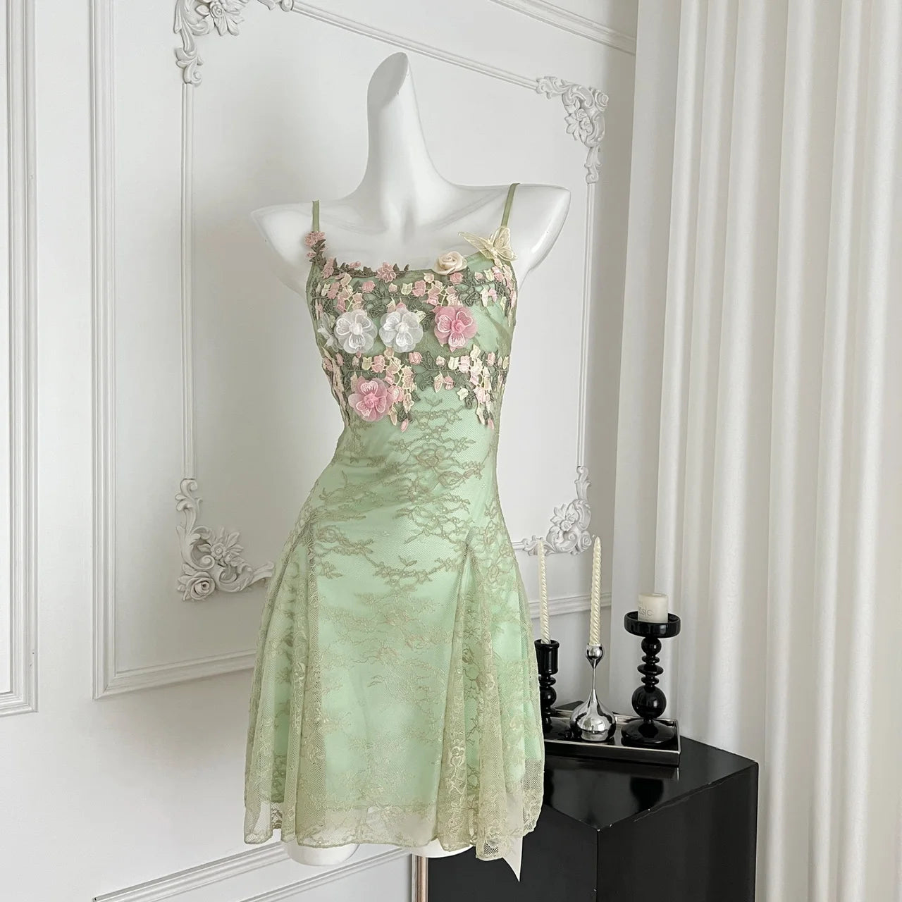 knee length dresses for ladies Green Strappy Midi Lace Dress