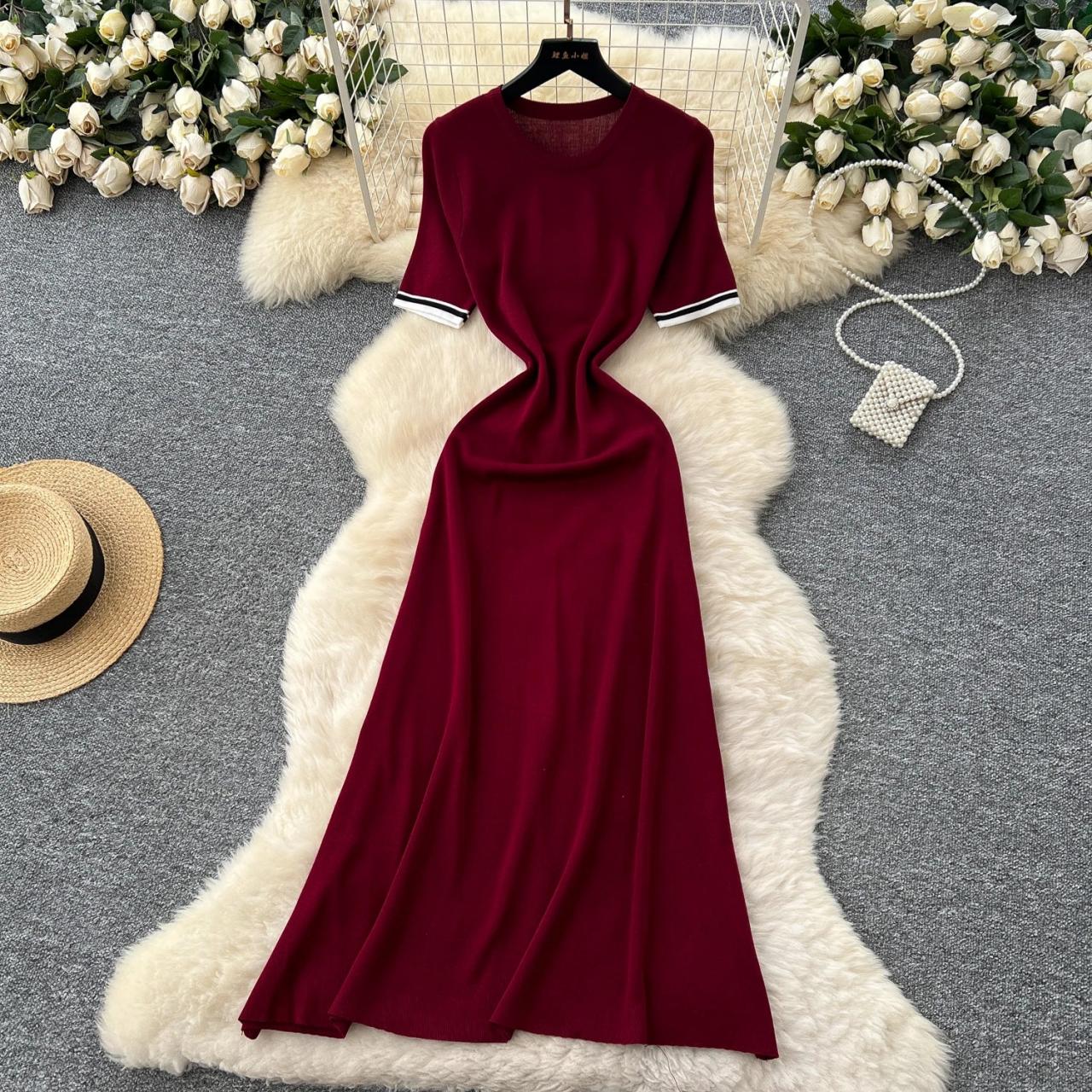 Long Wine Red Short Sleeve Maxi Dress