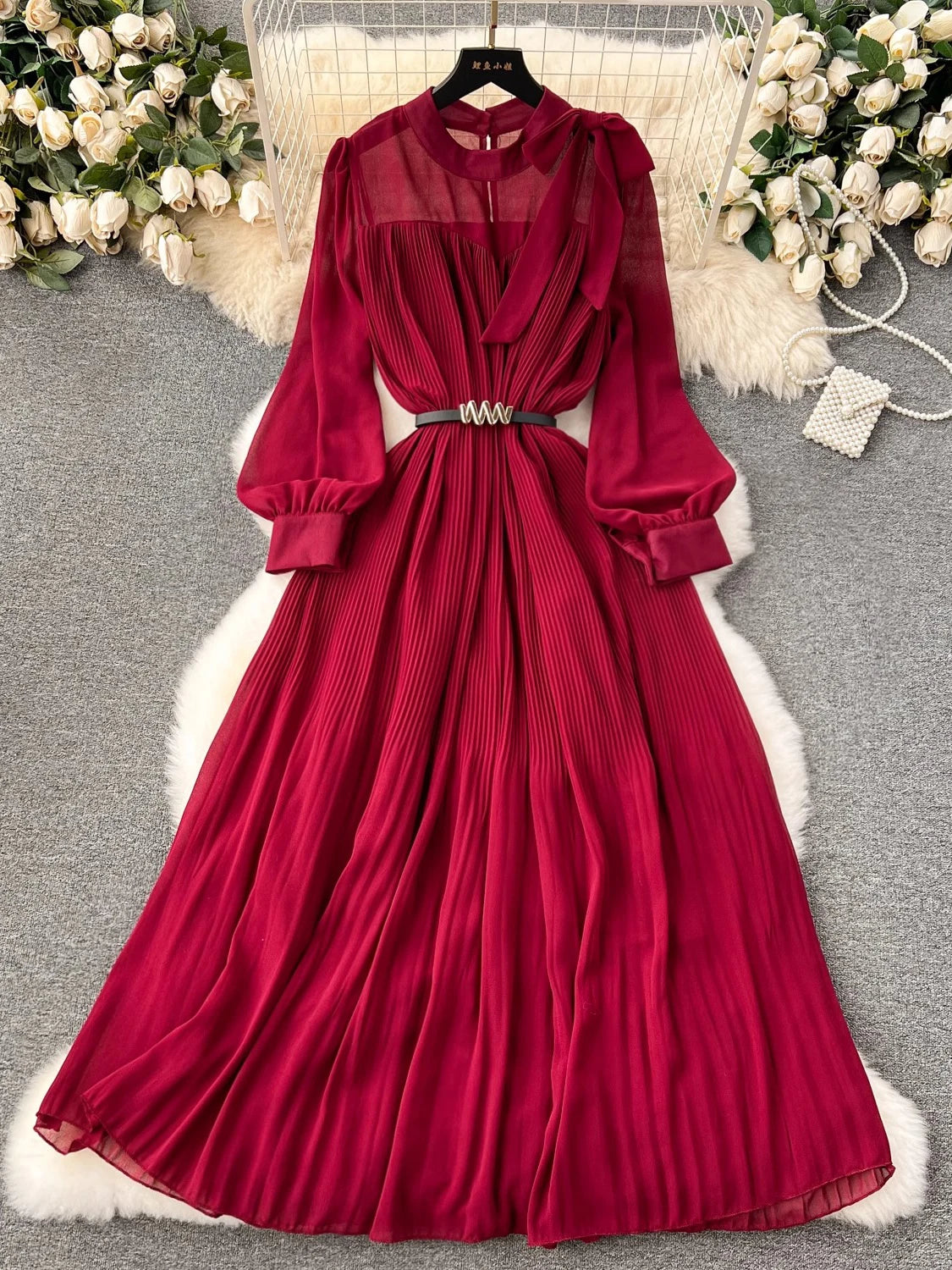 Long-sleeve Pleated Chiffon Belted Evening Dress