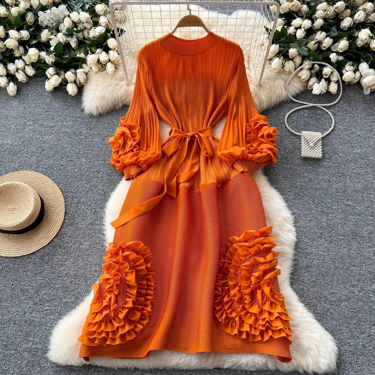 unique orange dress Luxurious Orange Dress With Ruffled Sleeves Design