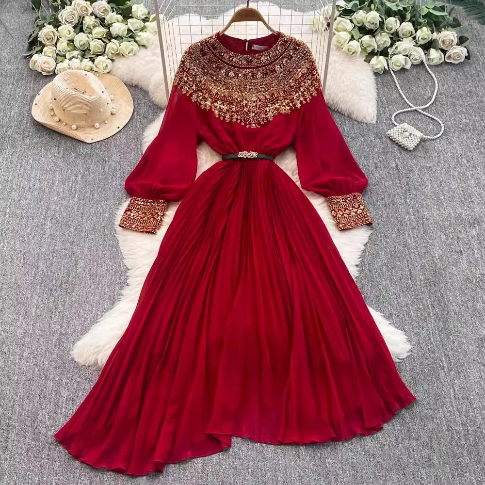 Red Maxi Dress With Embroidered Floral Design