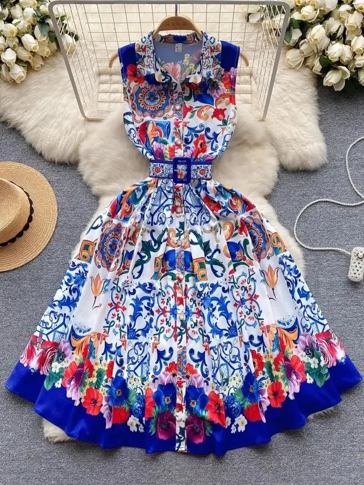 Vibrant Floral Belted A-line Sleeveless Summer Dress
