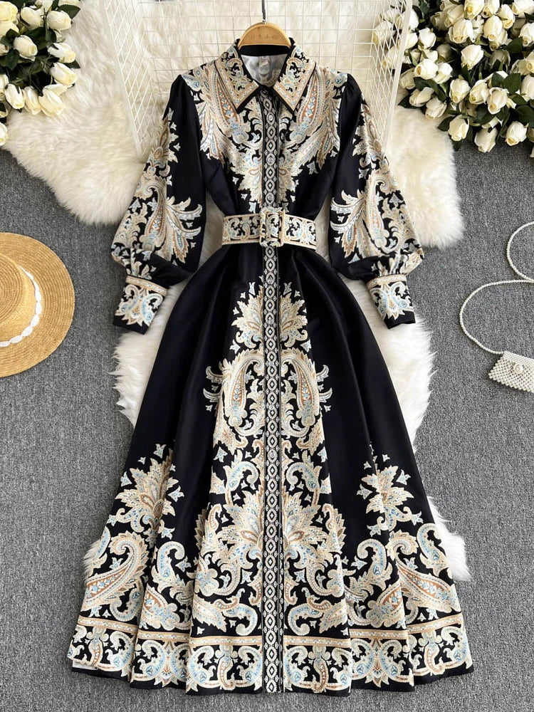 Vintage Long Sleeve Floral Embellished Maxi Dress