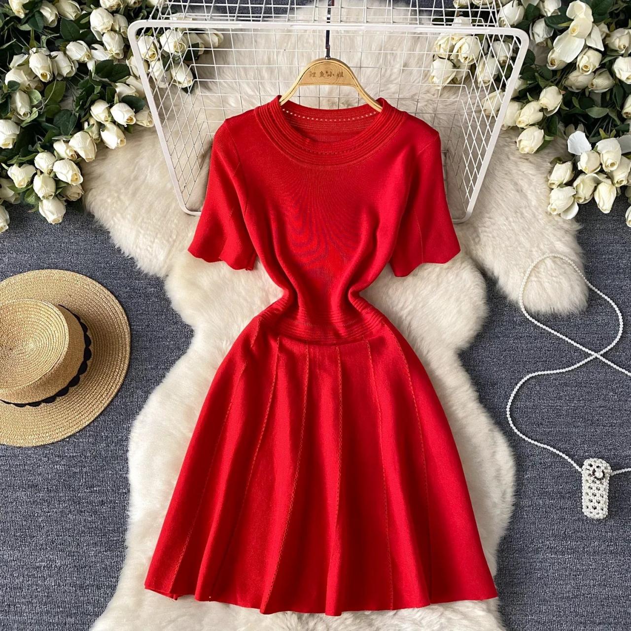 red short sleeve fit and flare dress Brick Red Short Sleeves Wrap Fit and Flare Dress with Lace
