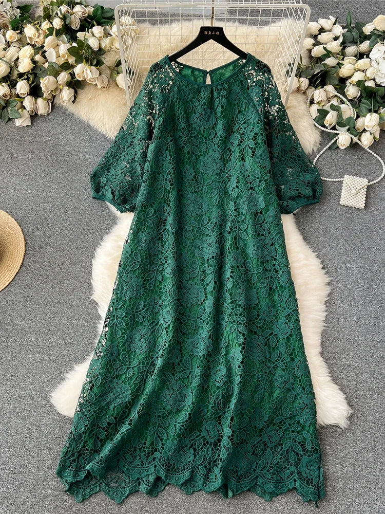 green lace midi dress with sleeves Double Second Green Long Sleeve Lace Pleated Dress – Tradegala main image 0