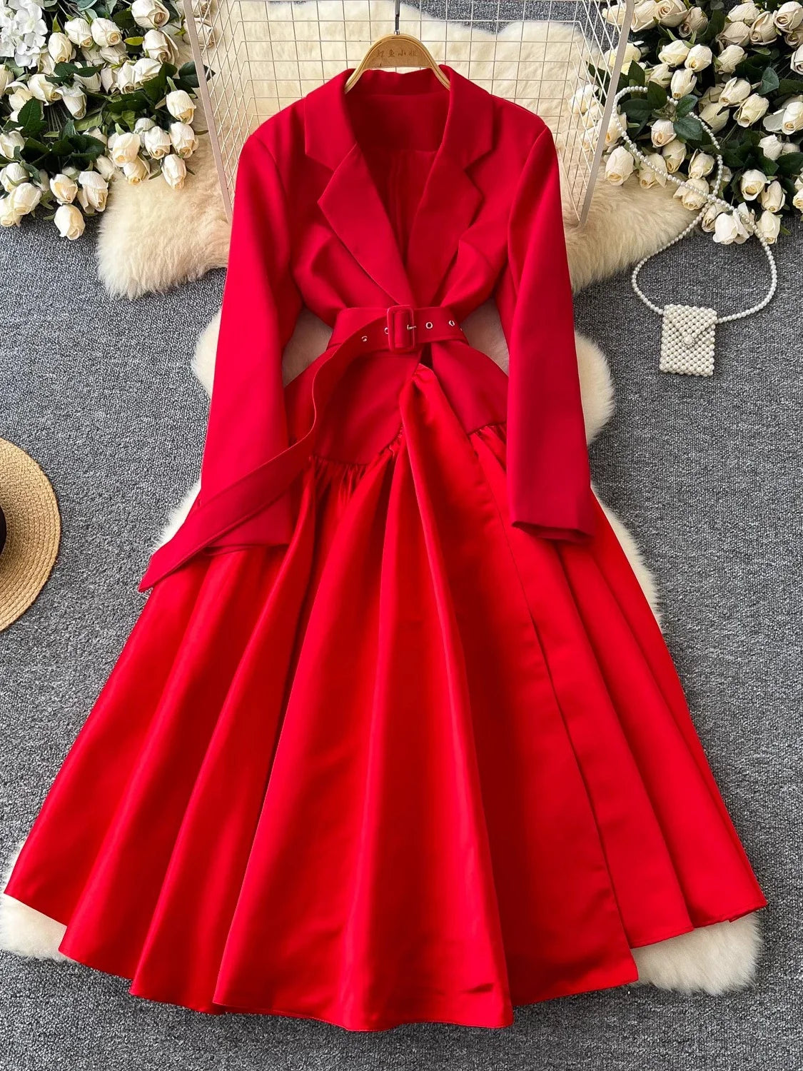 Red Belted Flare Dress With Long Sleeves