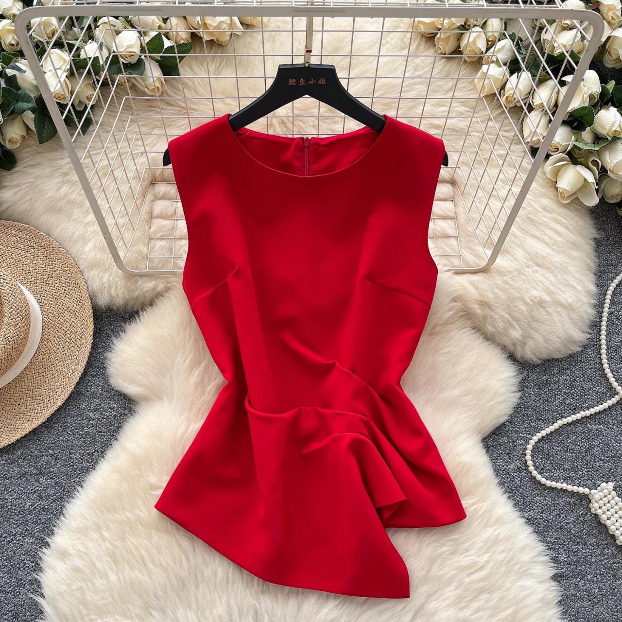 red sleeveless peplum dress Hvobtty Summer Women's Sleeveless Mid-Length Peplum Dress Plus Size Solid Color Round Neck OuterWear, Size: XL, Red