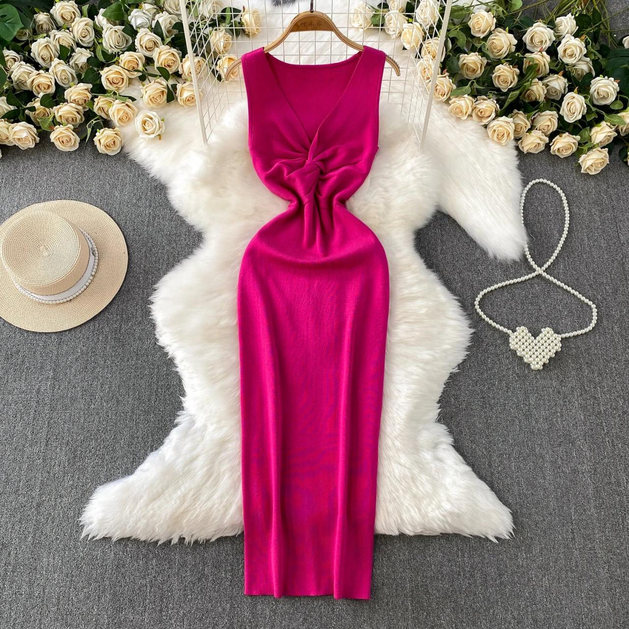 Sleeveless Fuchsia Bodycon Dress With Ruched Design on Luulla
