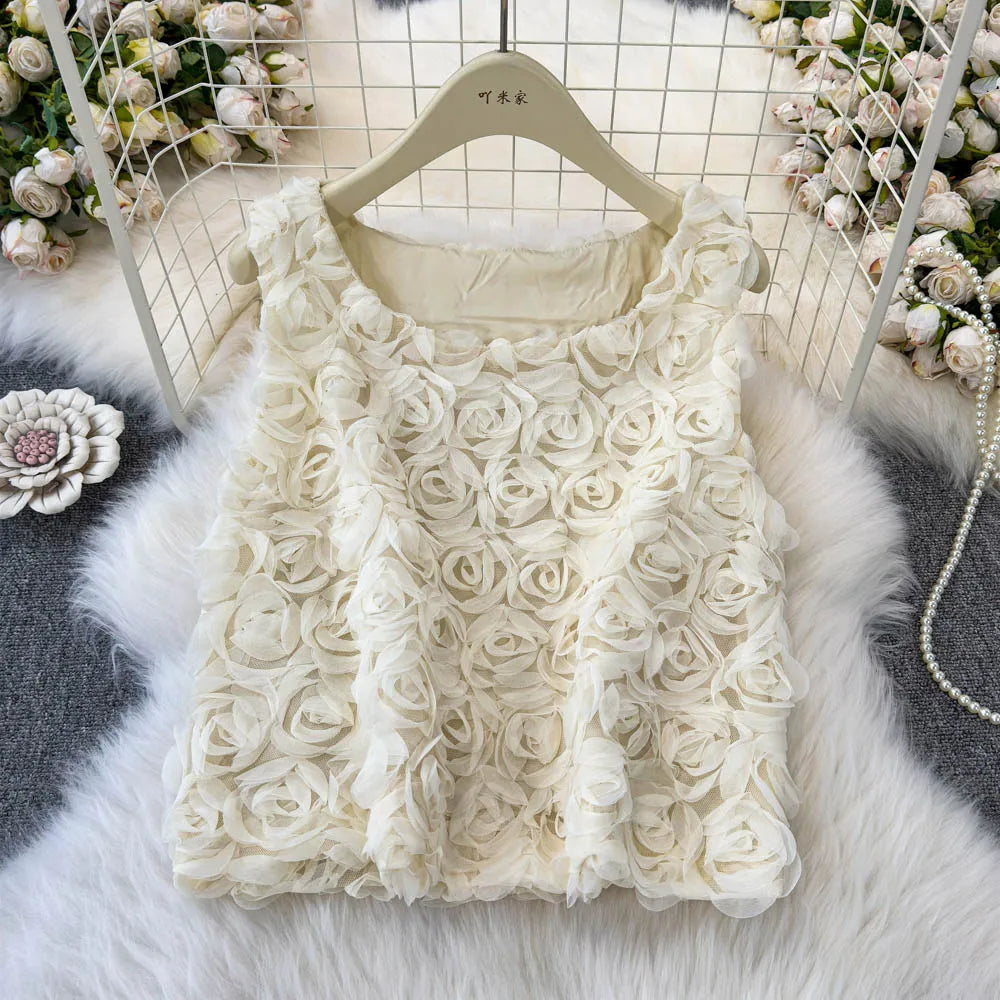 Pink Sleeveless Floral 3d Rosette Top on Luulla