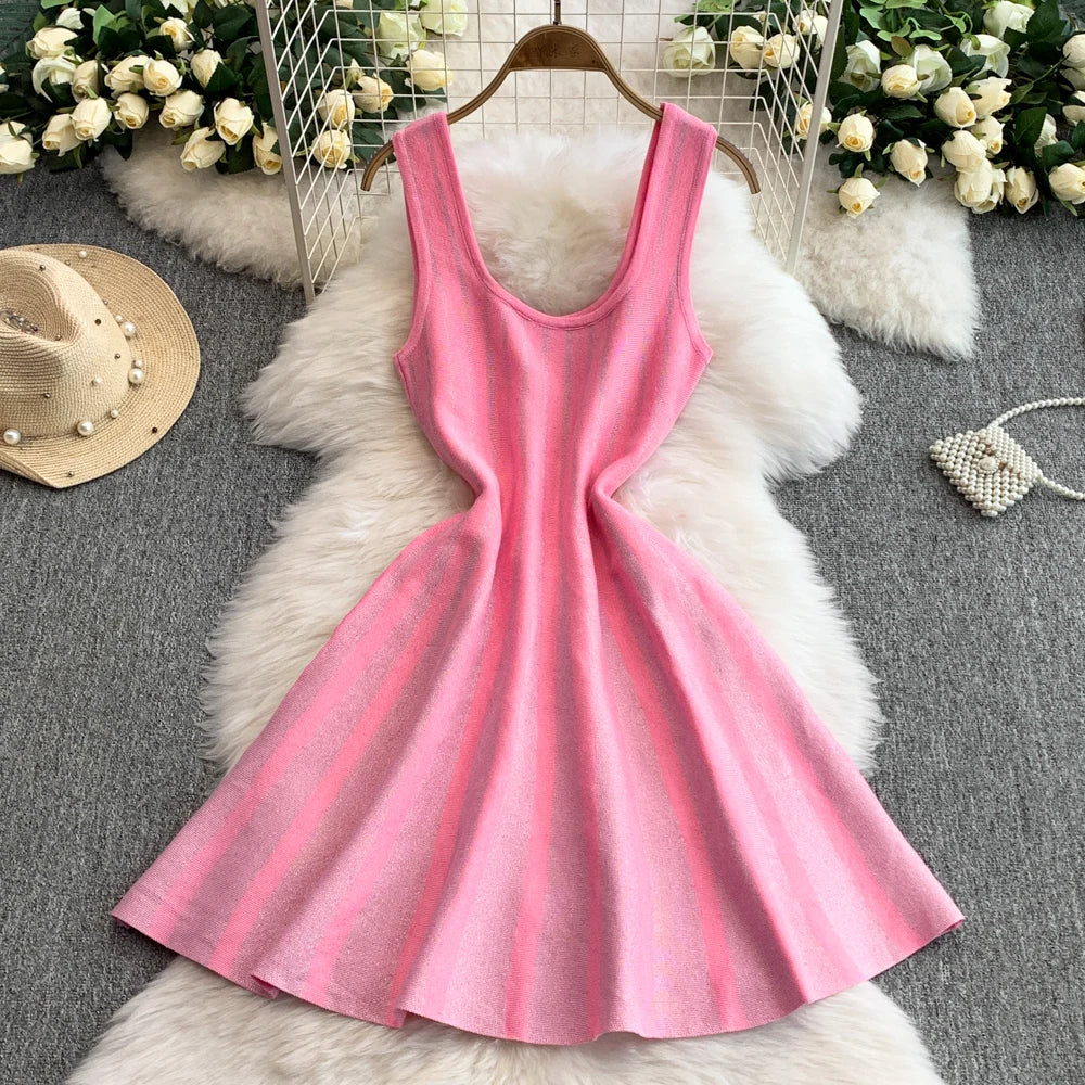 Sleeveless Pink Ribbed Flare Dress, Summer Fashion