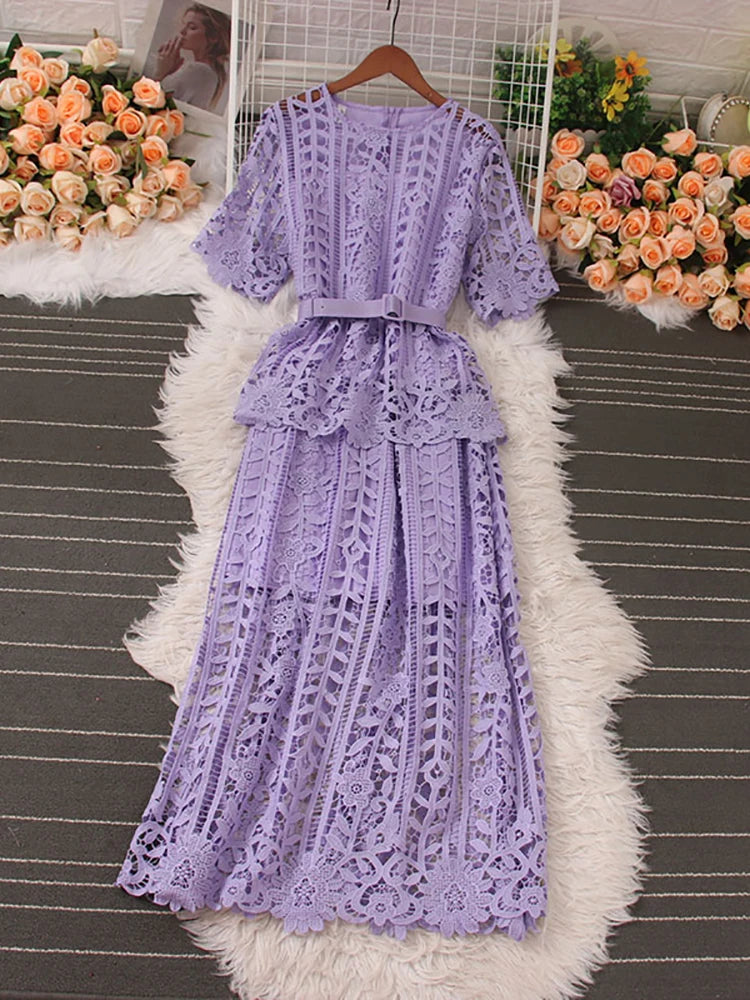 Lavender Lace Dress With Belted Waist Design
