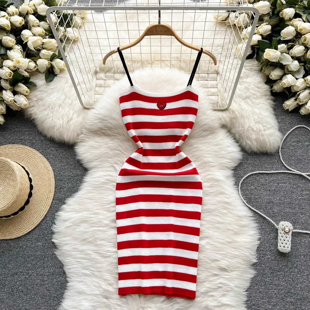 Striped Sleeveless Fitted Dress With Heart Detail